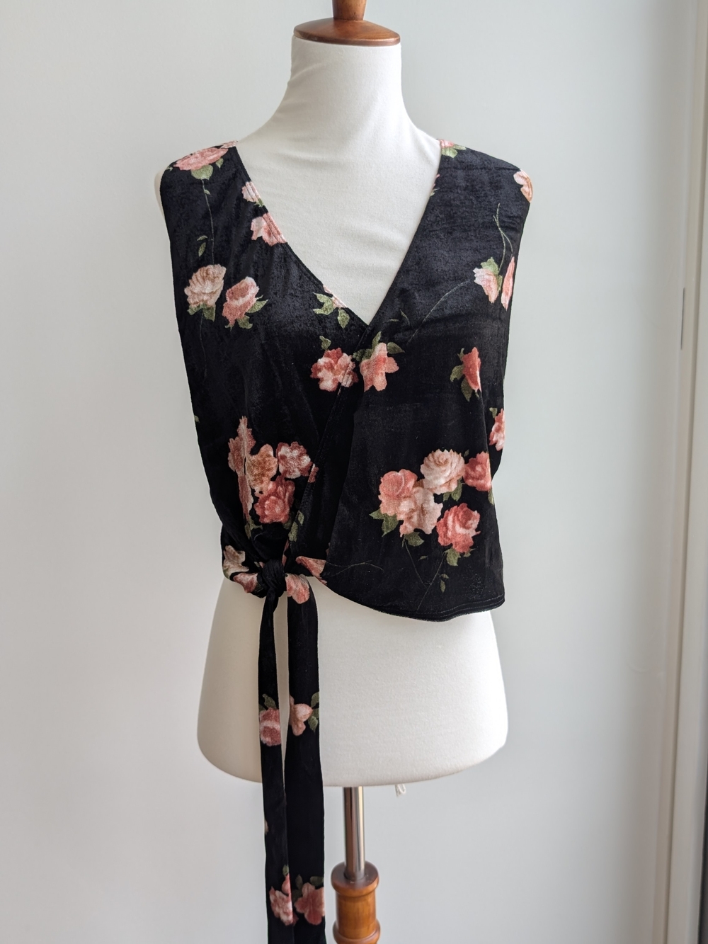 Aqua Black Floral Wrap Camisole with Pink Rose Print